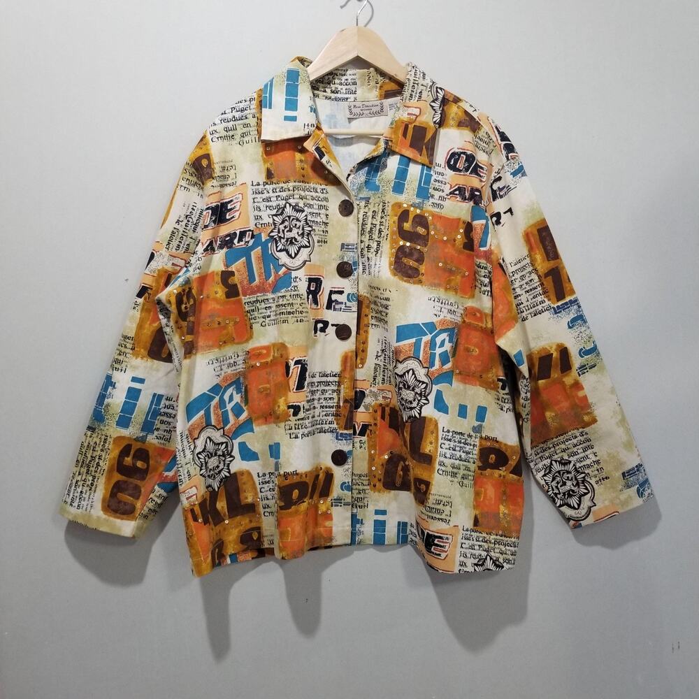 New Direction Woman Jacket Womens 2X Multicolor Art Print Cotton Button Front